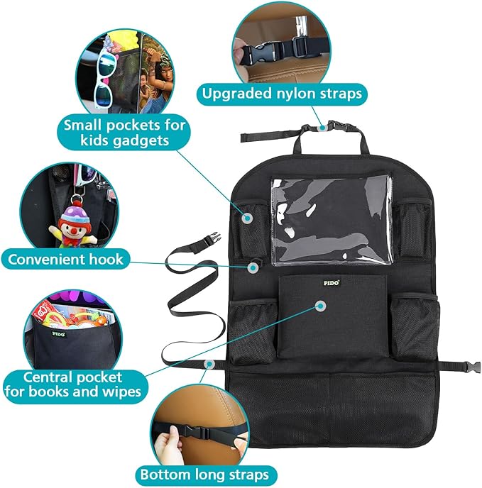 PIDO Car Seat Organizer for Backseat, Back Seat Organizer for Kids with Touch Screen Tablet Holder and 8 Pockets, Car Travel Accessories, Road Trip Essentials for Kids, 2 Pack