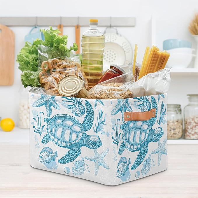 Sea Turtle Storage Baskets for Organizing, Fabric Collapsible Storage Bins Box Ocean Animal Fish Decorative Toy Organizer Baskets for Closet Shelves Gift Basket 2Pcs