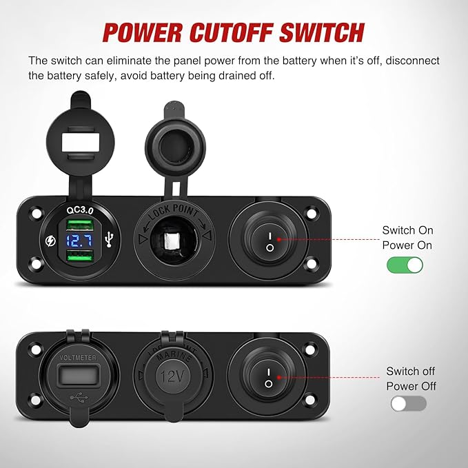 Nilight 4 in 1 Charger Socket Panel Dual QC3.0 USB with LED Voltmeter Display and Cigarette Lighter Power Cutoff Switch for CarsTrucks UTV ATV