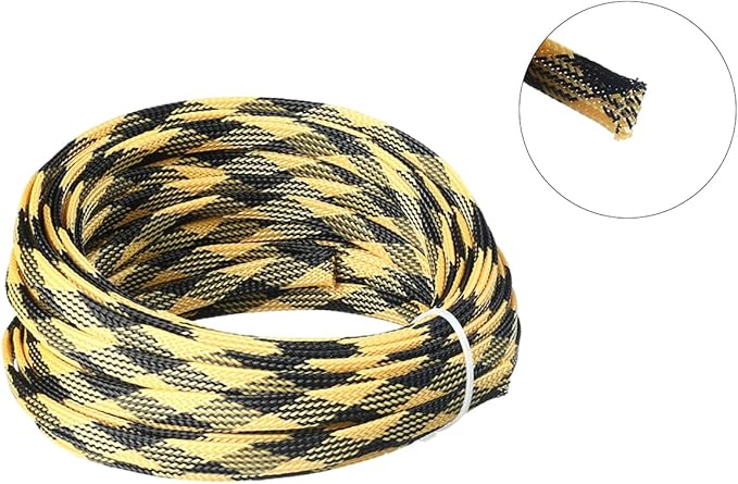 Aicosineg 32.81ft PET Flexible Braided Cable Sleeve 0.33inch Width Wire Loom Sleeving and Organizer Flexible Wire Mesh Sleeve Wrap Protector for TV Audio PC Cords from Pets Chewing Black and Yellow