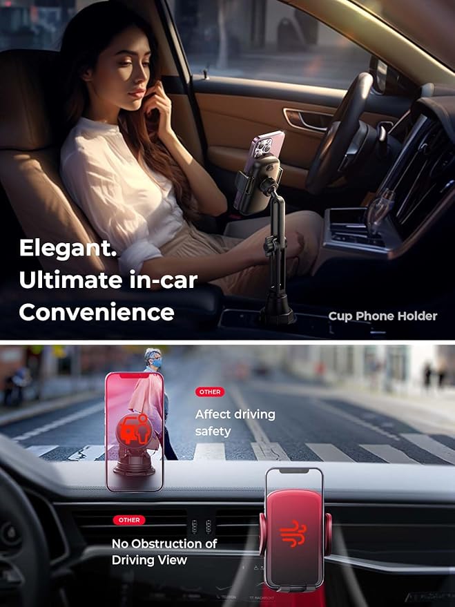 LISEN Cup Phone Holder for Car [Upgraded Version] Long Neck 360° Adjustable Car Accessories for Women Thick Cases Friendly for iPhone 17 16 15 14 13 Pro Max Samsung S25 All 4-7'' Phone, Silver