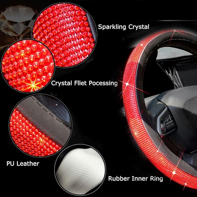 ChuLian New Diamond Leather Steering Wheel Cover with Bling Bling Crystal Rhinestones, Universal Fit 15 Inch Car Wheel Protector for Women Girls Red Diamond