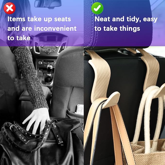 Car Seat Headrest Hooks, 4PCS Carbon Fiber Vehicle Back Seat Storage Hanger Holder for Hangbag Coat Grocery, Automotive Interior Headrest Hook Organizer, Universal for Vehicles (Beige)