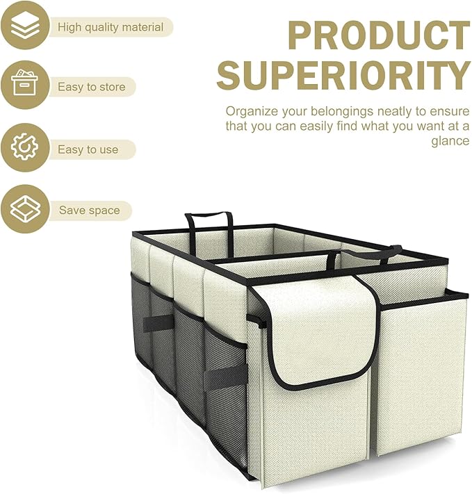 Car Trunk Organizer, Collapsible Car Organizer, Multi Compartment Car Organization for Car Accessories, Tools, Sundries, 22×13.4×11.4 inch, Storage for Auto Accessories for Women Men (Beige)