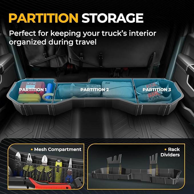 Auto Dynasty Rear Under Seat Tool Cargo Storage Box Organizer Tray Compatible with Chevy Silverado GMC Sierra 1500 2500HD 3500HD Crew Cab Pickup 2007-2019, Lightweight Design, Glossy Black