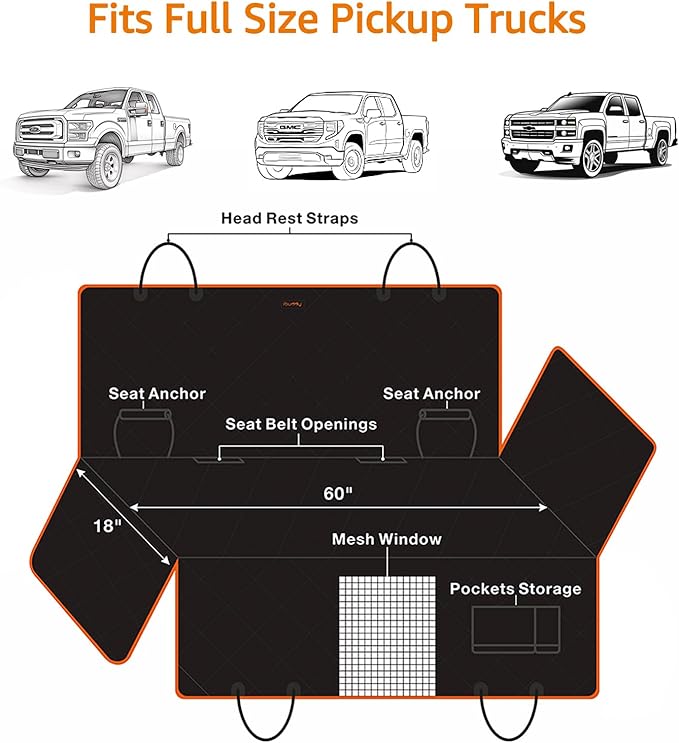 iBuddy Dog Seat Cover for Pickup Trucks, 900D Heavy Duty Truck Back Seat Cover for Dogs, Waterproof & Non-Slip Pet Car Seat Cover, Fits Ford F150 F250 Ram 1500 GMC Sierra Chevy Silverado Crew Cab