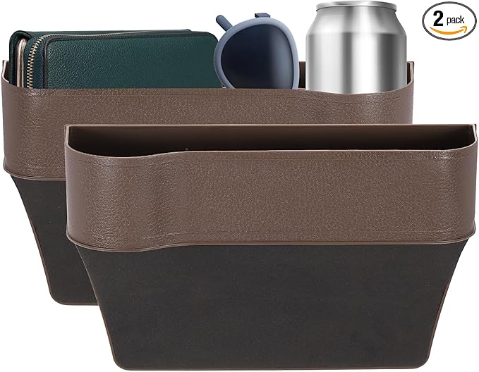 HARFINGTON 2pcs Car Seat Gap Filler Organizer 10.2 x 6.5 x 2.4 Inch ABS Universal Car Organizer Storage Box Between Seat and Console (Left+Right) with Cup Holders for Phone Keys, Brown