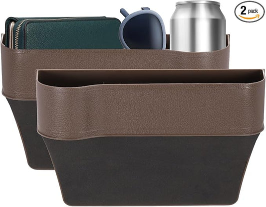 HARFINGTON 2pcs Car Seat Gap Filler Organizer 10.2 x 6.5 x 2.4 Inch ABS Universal Car Organizer Storage Box Between Seat and Console (Left+Right) with Cup Holders for Phone Keys, Brown
