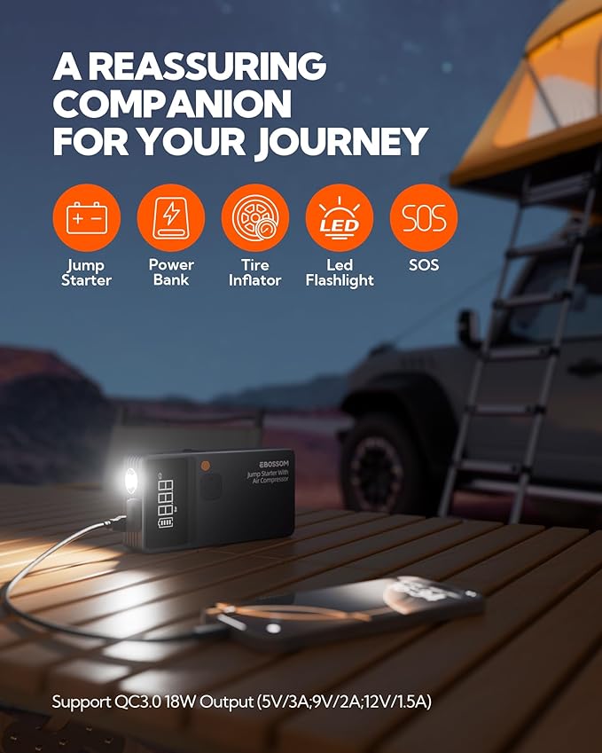 Car Battery Jump Starter with Air Compressor, Battery Jump Box with Tire Inflator,Jump Booster with Smart Jumper Cables,LED Light Emergency Car Kits for Vehicles,Arrancador Ae Batería
