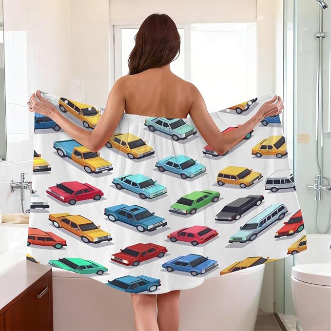 Women's Bath Wrap Colorful Cars Pattern Absorbent Shower Spa Body Bath Robe Wraps Bathrobe Towel with Adjustable Closure