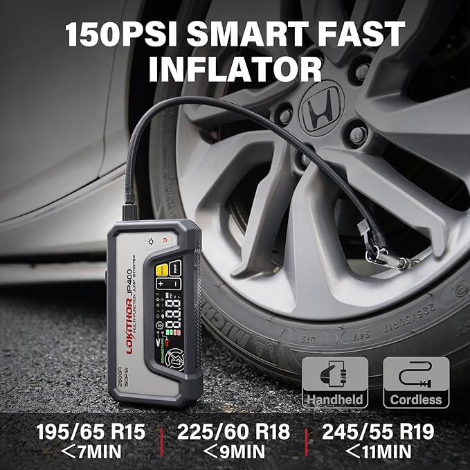 LOKITHOR JP400 Jump Starter with Air Compressor, 2500A 12V Portable Car Battery Booster Pack (8.5L Gas/6.5L Diesel) with ConnectMax Tech, 150PSI Tire Inflator, Auto-Shutoff & Dynamic Dwell (White)