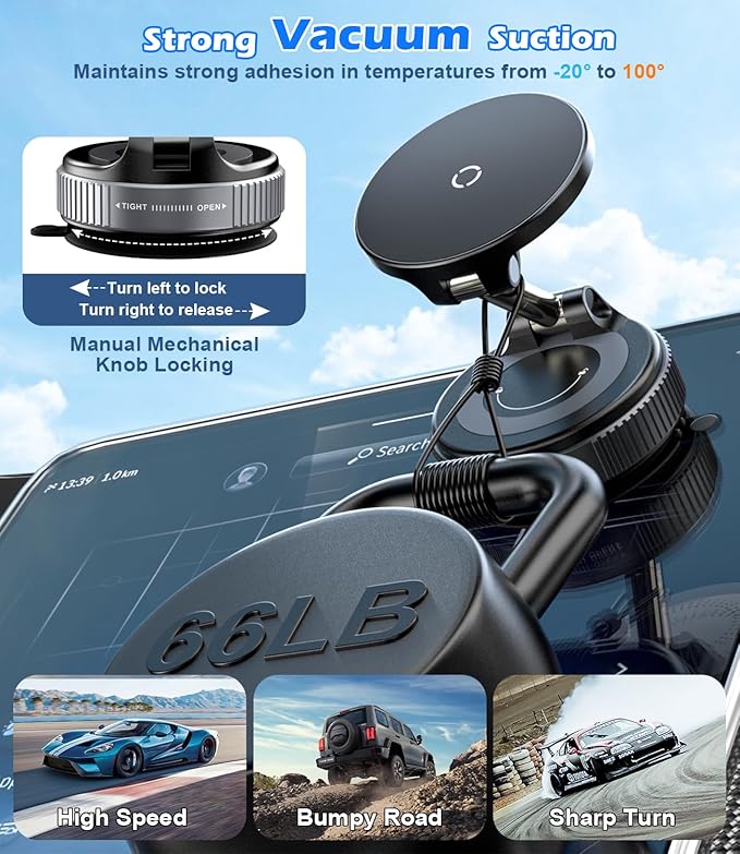15W Wireless Charger Magnetic Car Phone Holder [Vacuum Suction Cup] 360° Adjustable & Foldable Car Mount for Dashboard/Windshield/Smooth Surface [Compatible with MagSafe] for iPhone/Samsung