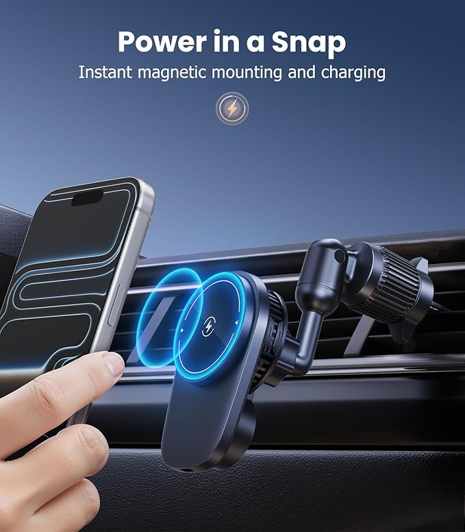 Long-arm Wireless Magnetic Car Phone Holder Mount with Cooling Fan & RGB Lights, 15W Fast Charging Auto-Rotate Charger for iPhone 17/16/15/14/13/12 S25 Samsung Google, Car Air Vent Mount