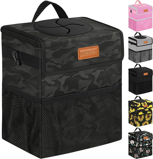 ELONGRIVER Car Trash Can Bin for Back Seat Leak Proof, Cute Car Trash Bag Hanging, Vehicle Trash Can for SUV Truck Van, Automotive Garbage Cans Front Seat Camo Black