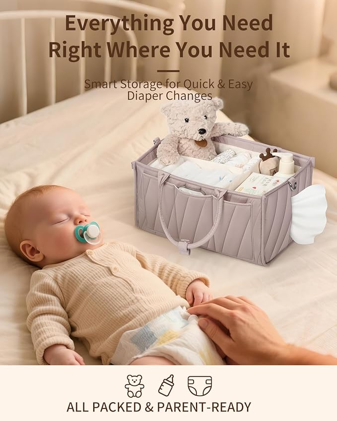 Diaper Caddy Organizer – Portable Storage Basket with Shoulder Strap & Stroller Hooks, Splashproof Quilted Nursery & Car Tote, Gender Neutral Gift for Baby Shower, Smoky Gray