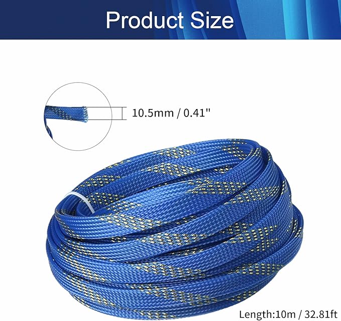 Aicosineg Cable Sleeve Braided Sleeving PET Wire Loom Tubing Cable 32.81ft-2/5inch Wrap Protector for HiFi Audio and Video Headphone Cable Protect Wires from Chewing of Pets Blue and Gold