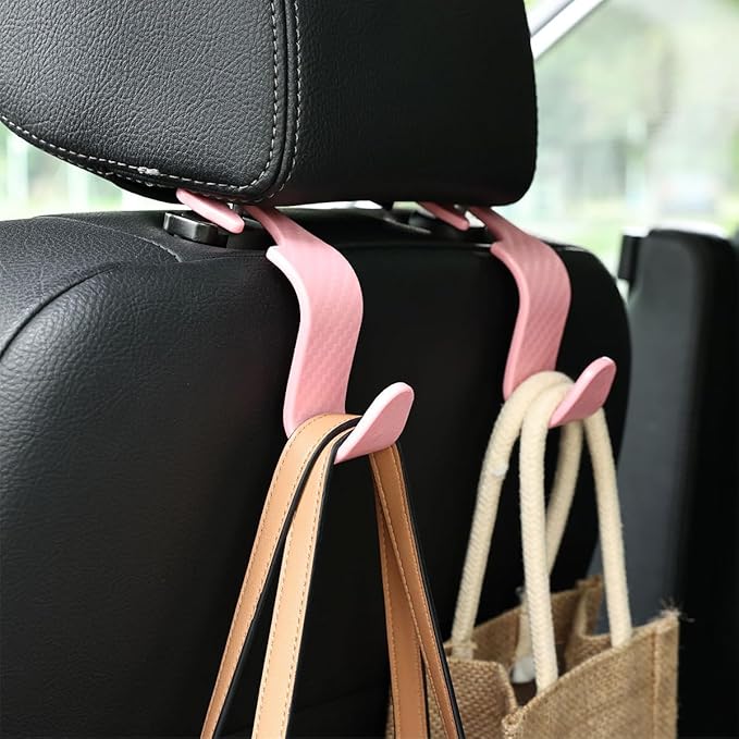 Hanemia 4PCS Car Seat Headrest Hooks, Auto Back Seat Hanger Holder, Durable Stylish Vehicle Organizer Universal Car Interior Accessories, Storage Hooks for Purses, Bags, Clothes (Carbon Fiber/Pink)