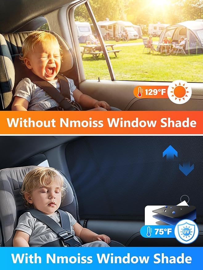 Nmoiss Car Window Shades for Baby[Ice Crystal Cooling Layer](2 Pack) UV-Blocker Cling Sun Shade 99% UV Protection Fit SUV/Sedan/Minivan | Roll Windows Down, Privacy Safe Medium