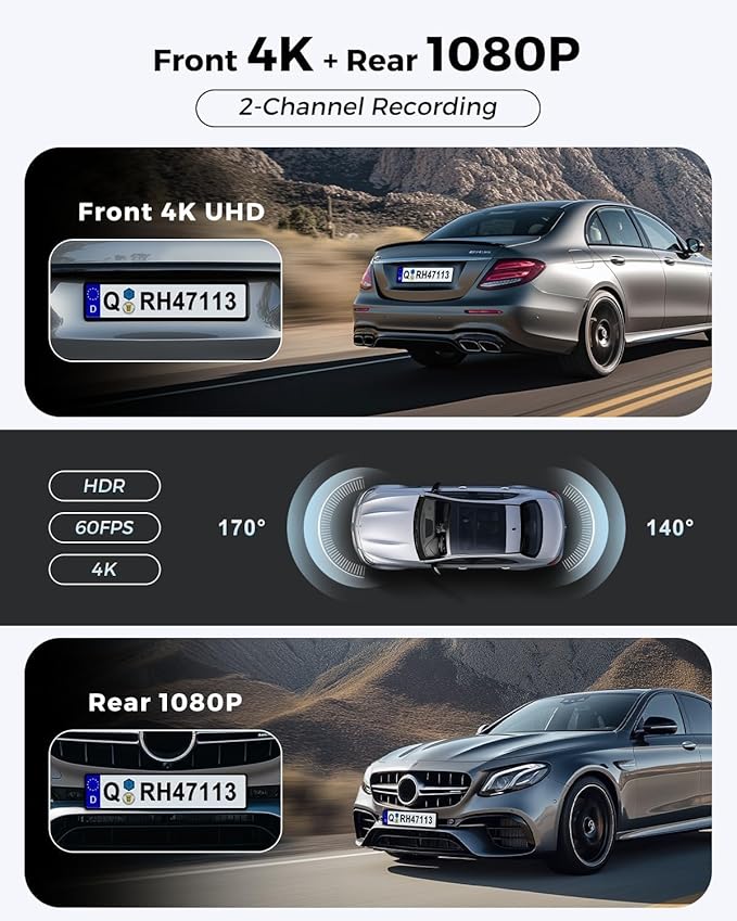 4K Dash Cam Front and Rear, 2 Channel Car Dash Camera with HDR, WiFi 6, Built-in GPS, Night Vision, 170° Wide Angle, G-Sensor, 24H Parking Mode Support, 64GB Card Included