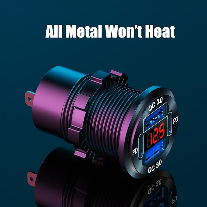 12V USB Outlet 4 Port Car Charger Socket, Dual PD USB C and Dual Quick Charge 3.0 Port Aluminum Charger with Red Voltmeter DIY Kit Waterproof for Car Boat Marine Motorcycle RV ATV Truck Golf Cart, etc