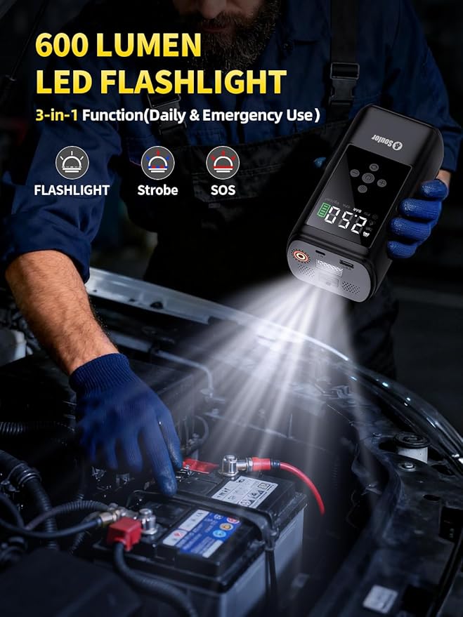 6000A Jump Starter with Air Compressor Battery Jumper Starter Portable 10-in-1 Car Jump Starter Portable 12V Jump Box with 160PSI Tire Inflator LED Light and Jumper Cables (10L Diesel All Cars)