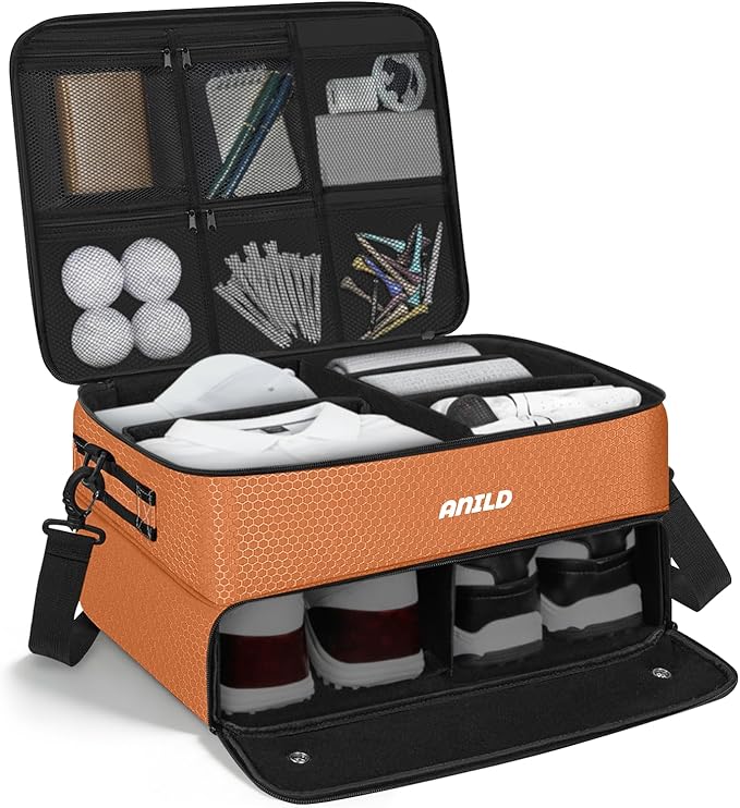 ANILD Golf Trunk Organizer, 2 Layer Golf Storage Case with Separate Ventilated Compartment for 2 Pair Shoes, for Balls, Tees, Clothes, Gloves, Accessories, Golfer Gifts