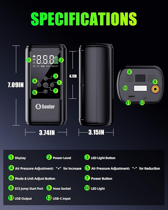 Jump Starter with Air Compressor, 6000A Car Battery Jumper Starter with 160 PSI Tire Inflator Portable, LED Display for 10L Diesel All Cars Engines, Jumper Cables and Light