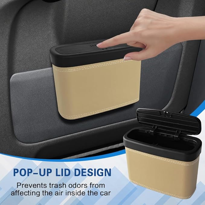 2PCS Car Trash Can with Lid, Press-Top Car Trash Bin with 30PCS Cars Trashs Bags, Small Automotive Dustbin Garbage Container Universal Fit Most Cars Office Home (2pcs-Beige)