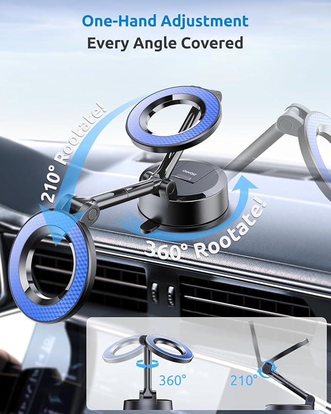 Vacuum Magnetic Car Phone Holder, 360°Adjustable, Compatible with iPhone 12-17 Series & Dashboard Mount & Tesla, 80+LBS Strong Suction Cup Phone Holders for Your Car, MagSafe-Compatible (Blue)