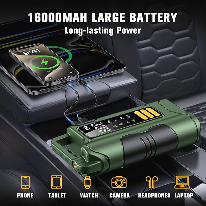 Jump Starter with Air Compressor,5000A Car Battery Jumper Starter, 16000mAh Battery Jumper Starter Portable for 10L Gas/Diesel Engine with 160PSI Booster,LED Display & Light,Jumper Cables