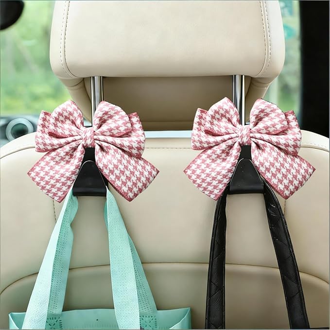 2PCS Car Seat Headrest Hooks, Cute Bow Vehicle Backseat Storage Hanger for Handbag Umbrella Coat, Automotive Seat Back Hook Holder Organizer Decor, Universal for Vehicles (Pink Houndstooth)