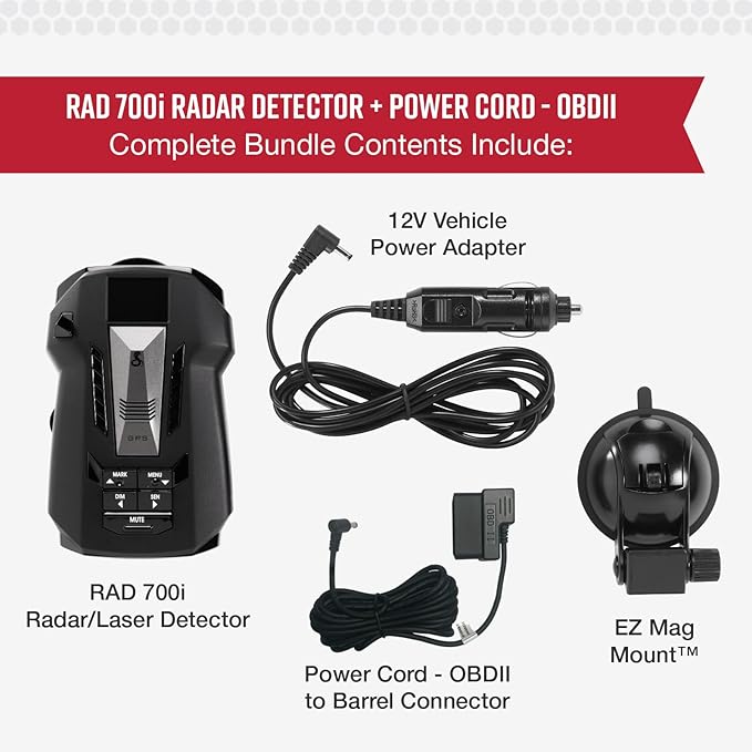 Cobra RAD 700i Laser Radar Detector + OBDII Power Cord Bundle - Premium Detection Range, Advanced Filtering Software, Apple CarPlay and Android Auto Compatible, Front and Rear Detection