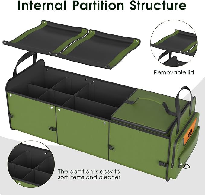 Car Trunk Organizer for SUV, Heavy Duty Waterproof Trunk Organizer, Foldable Collapsible Car Organizer with Cooler, Multi-Compartment Large Trunk Organizer (95L), Green-M003