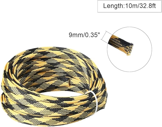 Aicosineg 32.81ft PET Flexible Braided Cable Sleeve 0.33inch Width Wire Loom Sleeving and Organizer Flexible Wire Mesh Sleeve Wrap Protector for TV Audio PC Cords from Pets Chewing Black and Yellow