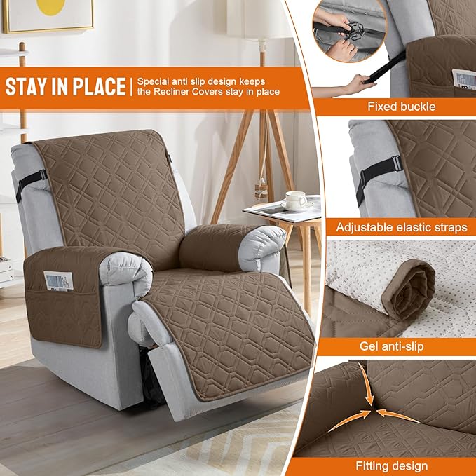 VANSOFY 100% Waterproof Recliner Chair Covers, Recliner Cover Non-Slip Dog Chair Cover Furniture Protector Washable Slipcover with Pocket, Elastic Straps for Pets, Dogs(Brown, 20")