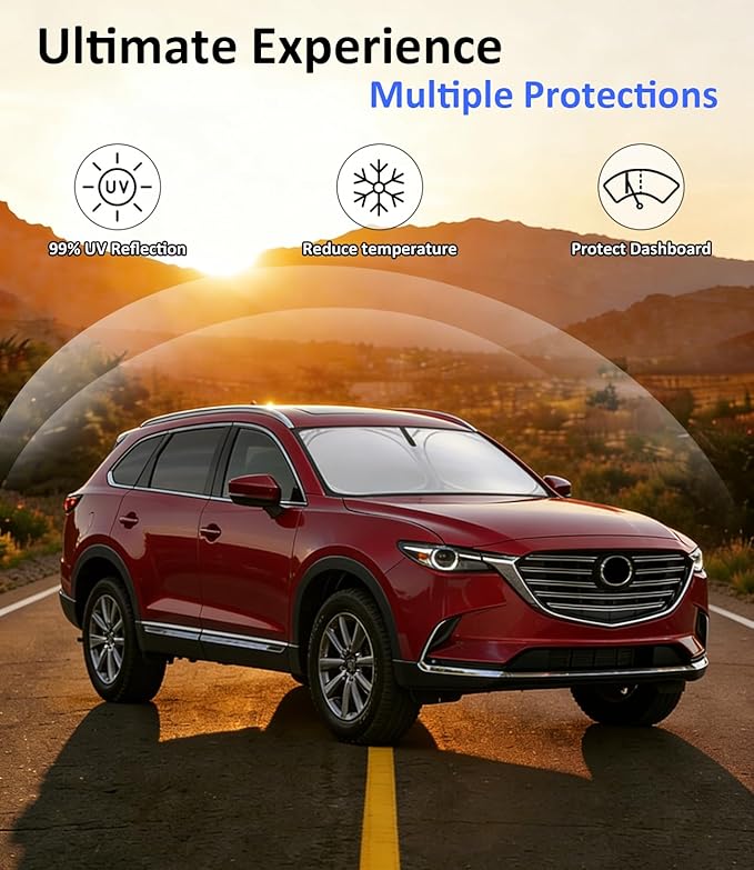 Windshield Sun Shade for Mazda CX9 2016-2025 Accessories, Car Front Window Sun Visor & Heat Shield | 240T Sunshade Protection Blocks UV Rays Keep Your Car Cooler