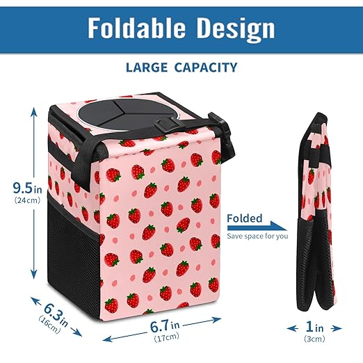 Cute Strawberry Collapsible Reusable Waterproof Car Trash Can with Lid, Automotive Garbage Can, Car Organizer