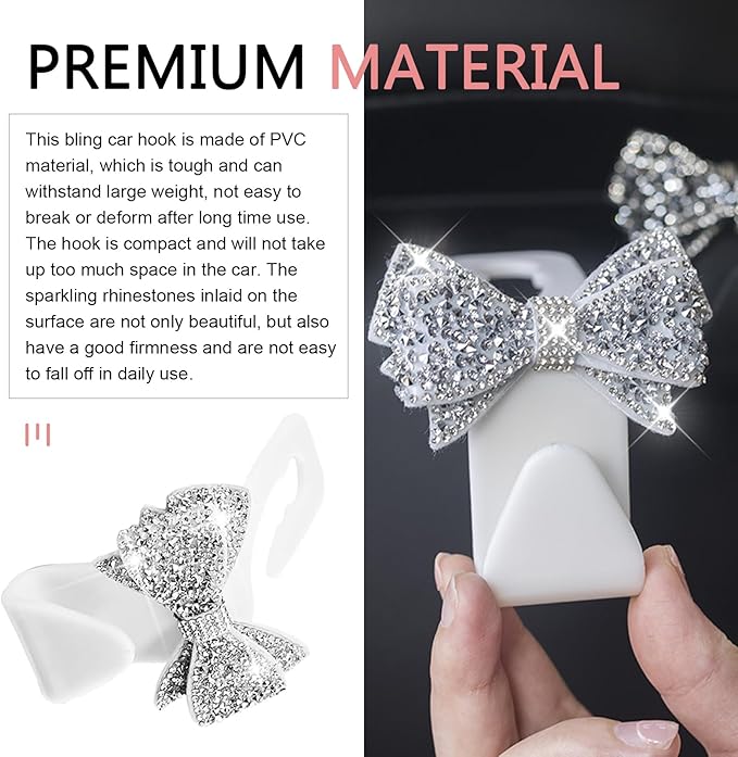2 PCS Bling Bow Car Seat Headrest Hooks, S Type Crystal Seat Back Hangers, Universal Vehicle Storage Organizer for Handbag, Purse, Coat, Grocery Bags (White)