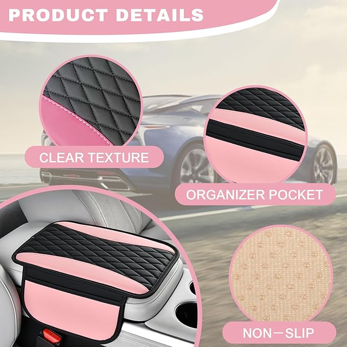 Leather Car Center Console Cover with Side Pockets, Upgraded Arm Rest Cover for Car Seat Organizer, Middle Console Cover Stylish Car Decoration, Universal for Most Vehicles (Pink)