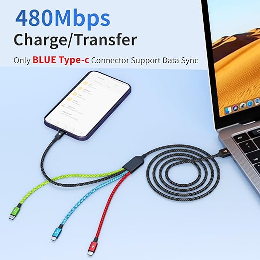 4 in 1 Multi Charging Cable [2Pack 5FT], Tangle Free USB C Car Charger Cable Nylon Braided with 2 USB-C/IP/Micro, Travel Charging Cords for iPhone Android iPad and More