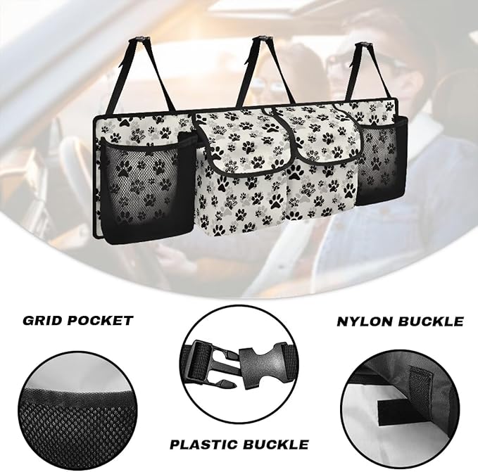 Dog Paw Print Car Trunk Organizer Foldable Auto Backseat Storage Bag with 4 Pockets Universal Hanging Auto Accessories Suitable Most Sedans SUVs Trucks Vans