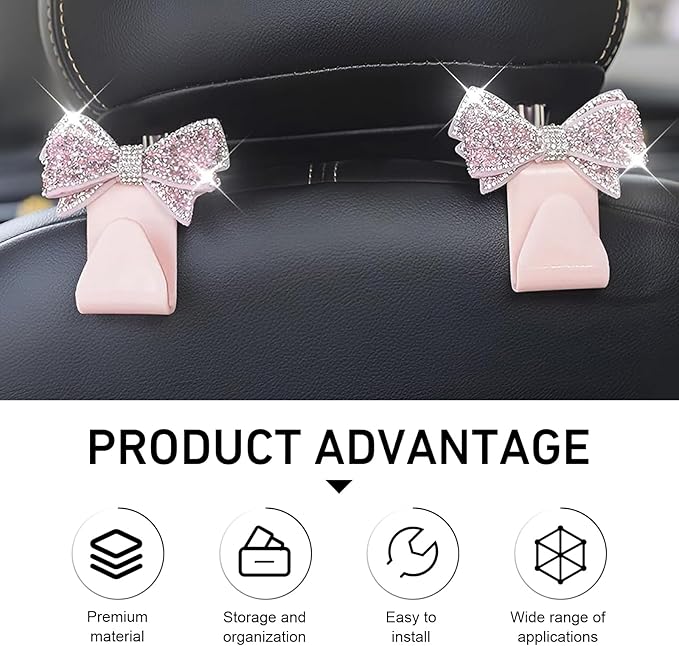 2PCS Bling Car Headrest Hook, Crystal Rhinestone Cute Bow Vehicle Seat Back Hook, PVC Multi-Functional Hook for Handbags Shopping Bags Wallet, Universal for Most Vehicles (Pink)