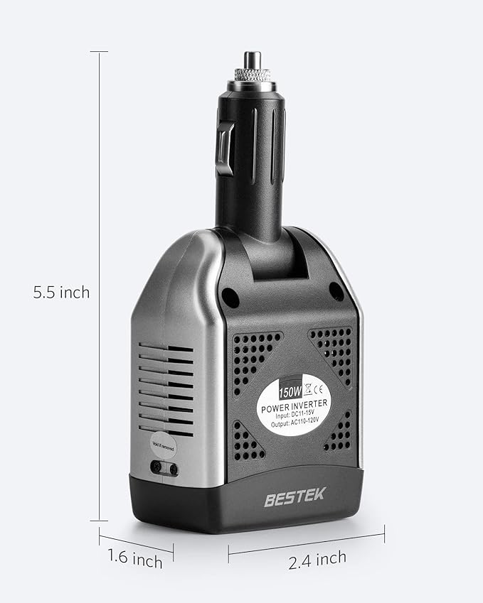 BESTEK 150W Power Inverter 12V to 110V Voltage Converter Car Charger Power Adapter with 3.1A Dual USB Charging Ports, Rotatable Plug & Safety Protection for Road Trip, Camping, Laptop