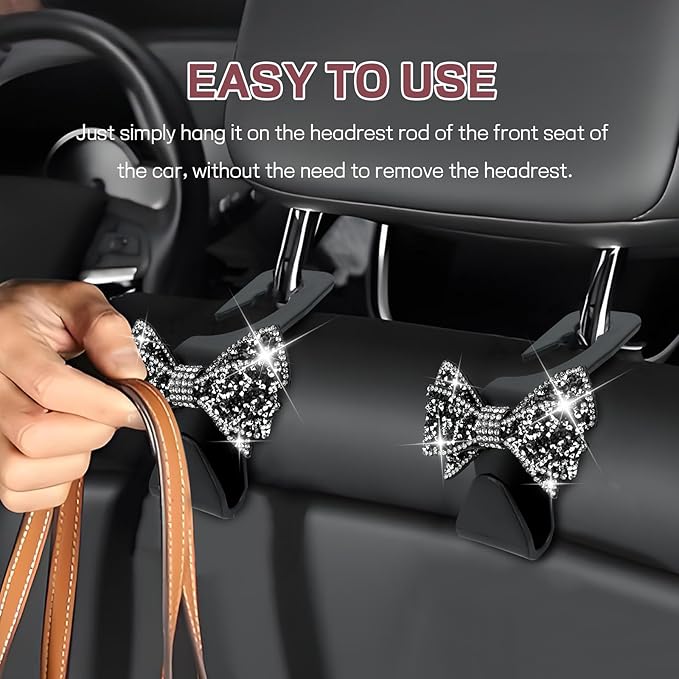 2PCS Bling Bow Car Seat Headrest Hook, Cute Bow Purse Hanger for Cars, Crystal Rhinestone Auto Seat Back Storage Hanging Hooks for Handbag Umbrella Coat Grocery Bags, Car Accessories (Black)