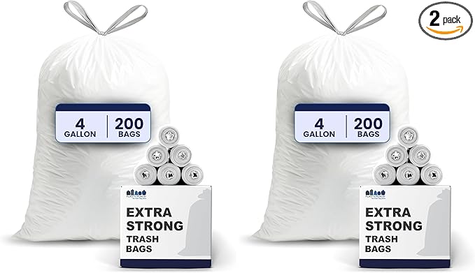 Plasticplace 4 Gallon White Drawstring Trash Bags,– 0.7 Mil Leak-Proof Garbage Liners for Small Trash Can,Bathroom,Kitchen,Office,and Car Use,200 Count (Pack of 2)