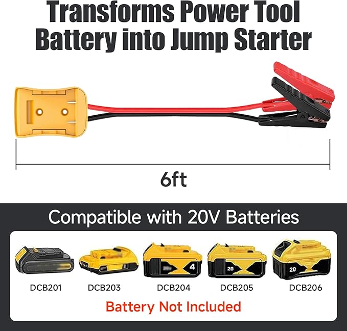 Adapter 20v with 6ft Jumper Cable Clamps Portable car Jump Starter for dewalt Jumper Power wheelscharger for dewalt Power Wheels Adapter