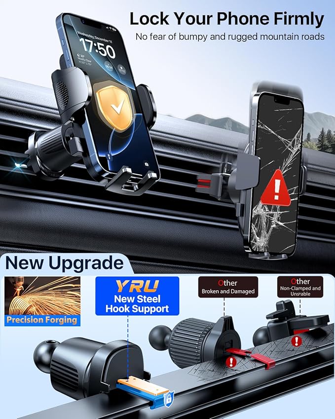 YRU [2026 Ultimate Car Phone Holder Mount [Bendable & Adjustable Aluminum Arm] Cell Phone Holder for Car Dashboard Windshield Phone Stand for iPhone 17 16 15 14 Pro Max Samsung Pickup Truck, Rose Red