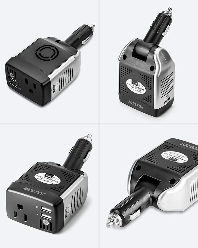 BESTEK 150W Power Inverter 12V to 110V Voltage Converter Car Charger Power Adapter with 3.1A Dual USB Charging Ports, Rotatable Plug & Safety Protection for Road Trip, Camping, Laptop