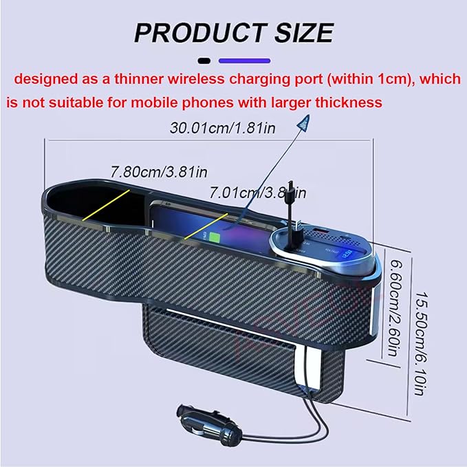 Universal Car Seat Gap Filler Organizer,Storage Box with Cup Holder Dual USB ports,2 Charging Cables and Wireless Charger,Cigarette Lighter,Car Front Seat Box for Multifunctional Car Interior Access