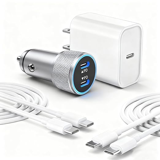 iPhone 17 16 15 Car Charger, 20W Dual Port USBC Fast Car Charger with 20W PD Type C Adapter + 2Pack 3FT USB C to C Charging Cable Fast Charging for iPhone 17/17 Pro/Air/16e/16/15 Pro Max/Airpods/iPad